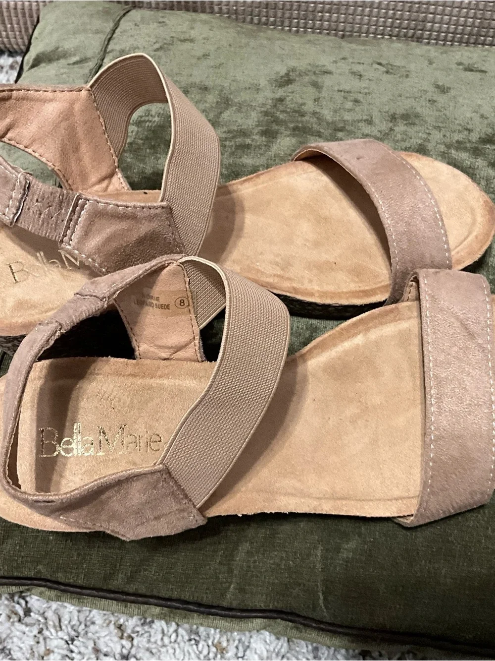 Neutral Taupe Suede Cork Wedge Sandals with Elastic Back